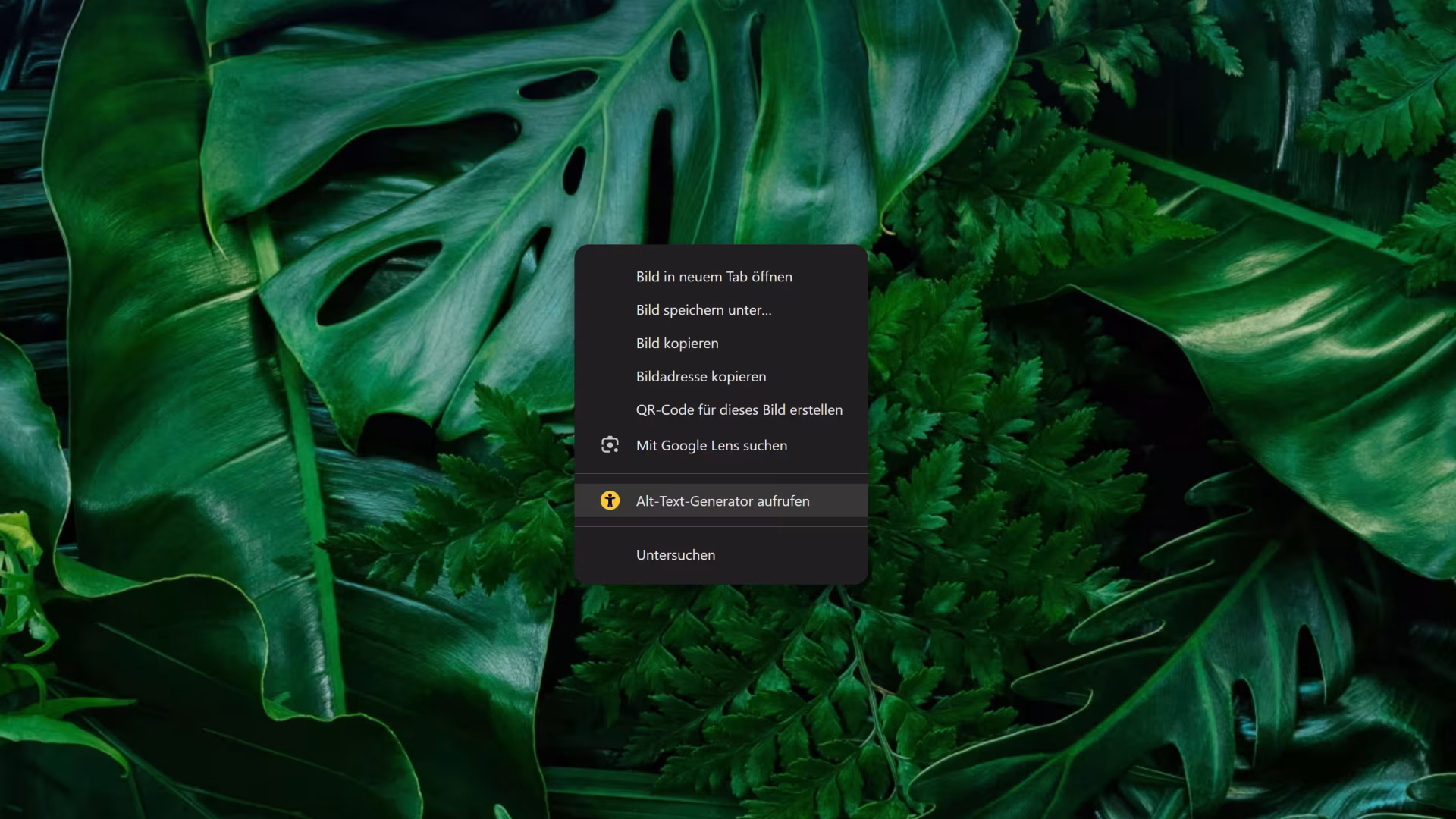 Kontextmen&uuml; mit Optionen wie 'Bild in neuem Tab &ouml;ffnen', 'Bild speichern unter', 'Alt-Text Generator aufrufen' vor einem Hintergrund aus gr&uuml;nen Bl&auml;ttern